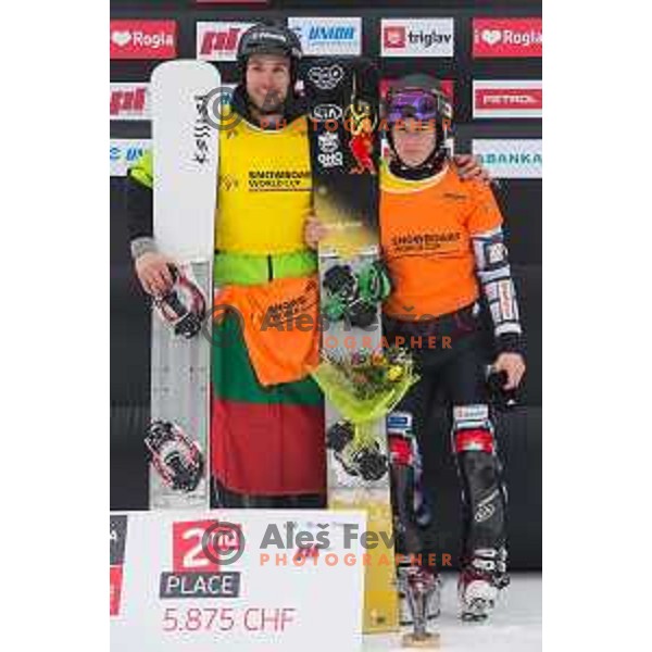 Radoslav Yankov and Ester Ledetcka during snowboard match of FIS Snowboard World Cup Parallel Gaint Slalom at Rogla, Slovenia, on January 23, 2016
