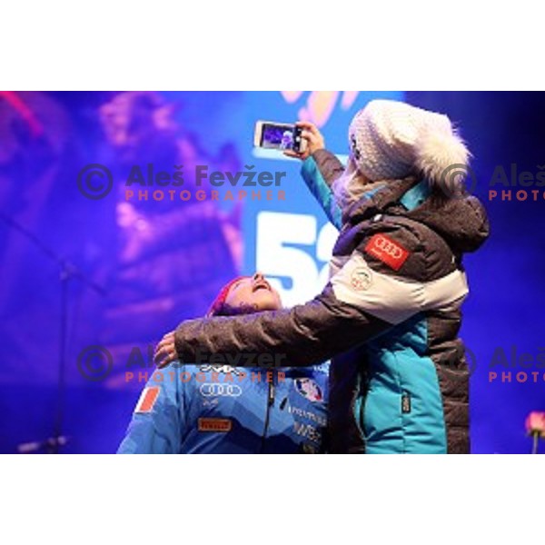 Federica Brignone (ITA) and Eva Maria Brem (AUT) during official draw of starting numbers for FIS Audi World Cup Alpine skiing Giant Slalom for 52 Golden Fox - Zlata Lisica in Maribor, Slovenia on January 29, 2016