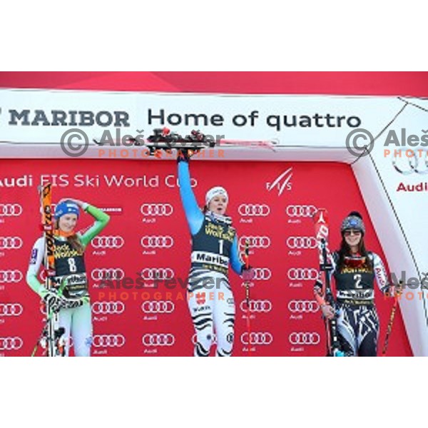 Ana Drev (SLO), Viktoria Rebensburg (GER) winner of FIS Audi World Cup Alpine skiing Giant Slalom for 52 Golden Fox - Zlata Lisica and Tina Weirather (LIE) in Maribor, Slovenia on January 30, 2016
