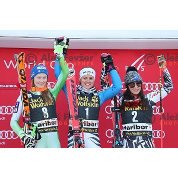Ana Drev (SLO), Viktoria Rebensburg (GER) winner of FIS Audi World Cup Alpine skiing Giant Slalom for 52 Golden Fox - Zlata Lisica and Tina Weirather (LIE) in Maribor, Slovenia on January 30, 2016