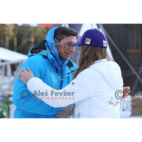 Borut Pahor, president of Slovenia and Tina Maze after FIS Audi World Cup Alpine skiing Giant Slalom for 52 Golden Fox - Zlata Lisica in Maribor, Slovenia on January 30, 2016