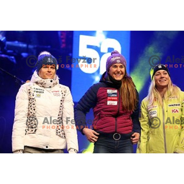Veronika Velez Zuzulova, Sarka Strachova and Frida Hansdotter at Public draw of starting numbers for FIS Audi World Cup Alpine Skiing Slalom for 52 Golden Fox - Zlata Lisica in Maribor, Slovenia on January 30, 2016