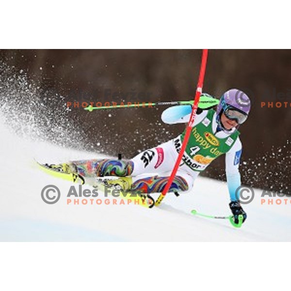 Sarka Strachova skiing in first run of FIS Audi World Cup Alpine Skiing Slalom for 52 Golden Fox - Zlata Lisica in Maribor, Slovenia on January 31, 2016 which was cancelled due to warm temperatures