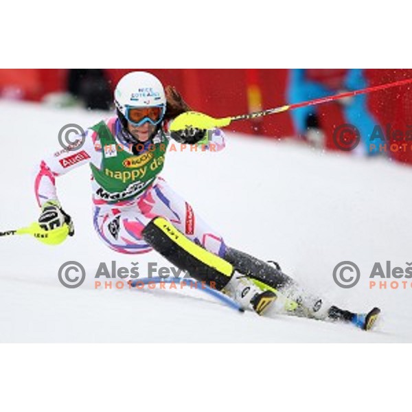 Nastasia Noens skiing in first run of FIS Audi World Cup Alpine Skiing Slalom for 52 Golden Fox - Zlata Lisica in Maribor, Slovenia on January 31, 2016 which was cancelled due to warm temperatures