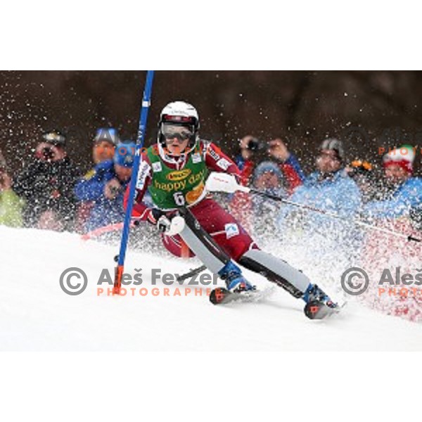 Nina Loeseth skiing in first run of FIS Audi World Cup Alpine Skiing Slalom for 52 Golden Fox - Zlata Lisica in Maribor, Slovenia on January 31, 2016 which was cancelled due to warm temperatures