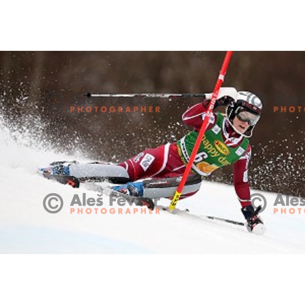 Nina Loeseth skiing in first run of FIS Audi World Cup Alpine Skiing Slalom for 52 Golden Fox - Zlata Lisica in Maribor, Slovenia on January 31, 2016 which was cancelled due to warm temperatures