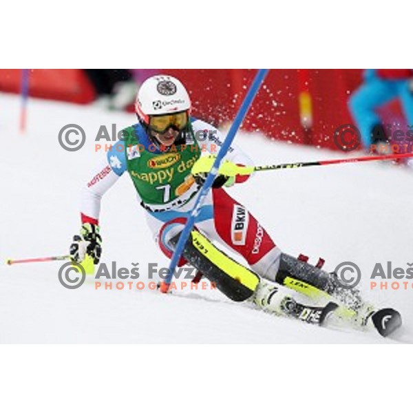 Wendy Holdener skiing in first run of FIS Audi World Cup Alpine Skiing Slalom for 52 Golden Fox - Zlata Lisica in Maribor, Slovenia on January 31, 2016 which was cancelled due to warm temperatures