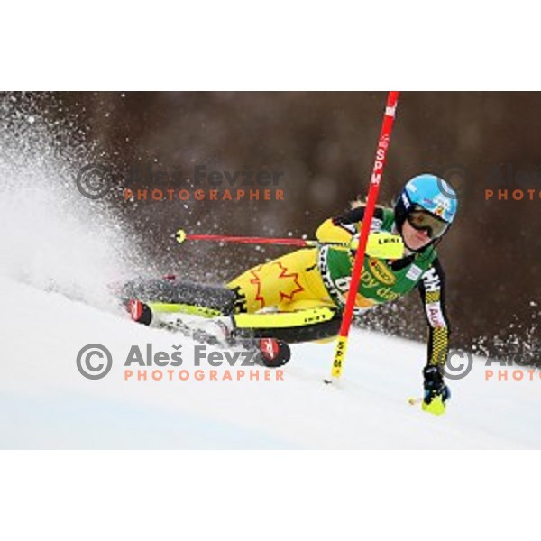 Erin Mielzyinski skiing in first run of FIS Audi World Cup Alpine Skiing Slalom for 52 Golden Fox - Zlata Lisica in Maribor, Slovenia on January 31, 2016 which was cancelled due to warm temperatures