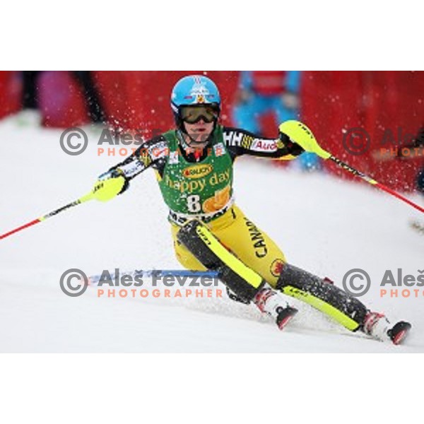 Erin Mielzyinski skiing in first run of FIS Audi World Cup Alpine Skiing Slalom for 52 Golden Fox - Zlata Lisica in Maribor, Slovenia on January 31, 2016 which was cancelled due to warm temperatures