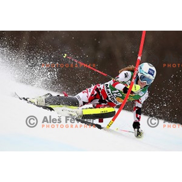 Carmen Thalmann skiing in first run of FIS Audi World Cup Alpine Skiing Slalom for 52 Golden Fox - Zlata Lisica in Maribor, Slovenia on January 31, 2016 which was cancelled due to warm temperatures