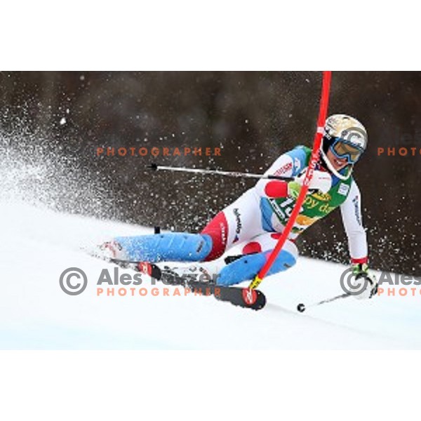 Michelle Gisin skiing in first run of FIS Audi World Cup Alpine Skiing Slalom for 52 Golden Fox - Zlata Lisica in Maribor, Slovenia on January 31, 2016 which was cancelled due to warm temperatures