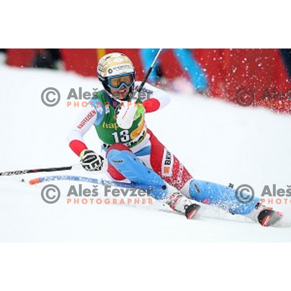 Michelle Gisin skiing in first run of FIS Audi World Cup Alpine Skiing Slalom for 52 Golden Fox - Zlata Lisica in Maribor, Slovenia on January 31, 2016 which was cancelled due to warm temperatures