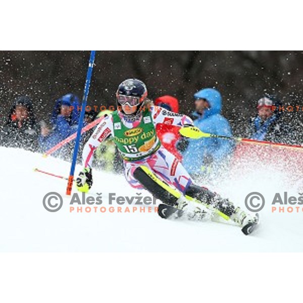 Anne sophie barthet skiing in first run of FIS Audi World Cup Alpine Skiing Slalom for 52 Golden Fox - Zlata Lisica in Maribor, Slovenia on January 31, 2016 which was cancelled due to warm temperatures