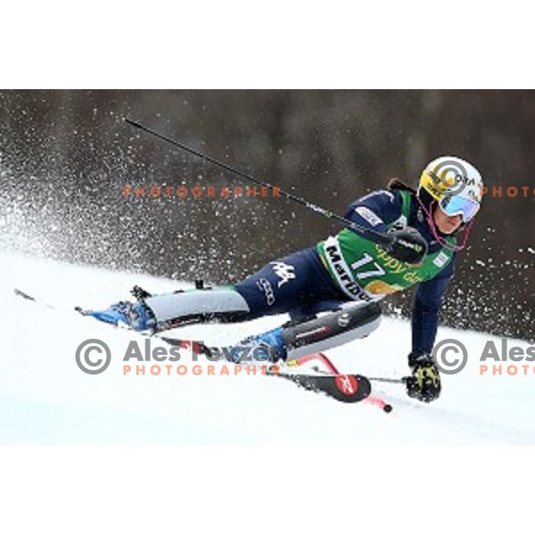 Irene Curtoni skiing in first run of FIS Audi World Cup Alpine Skiing Slalom for 52 Golden Fox - Zlata Lisica in Maribor, Slovenia on January 31, 2016 which was cancelled due to warm temperatures