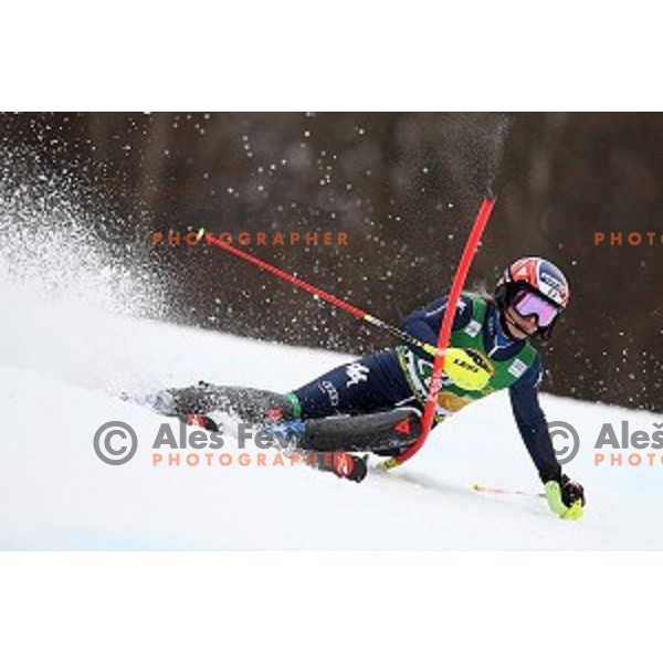 Manuela Moelgg skiing in first run of FIS Audi World Cup Alpine Skiing Slalom for 52 Golden Fox - Zlata Lisica in Maribor, Slovenia on January 31, 2016 which was cancelled due to warm temperatures
