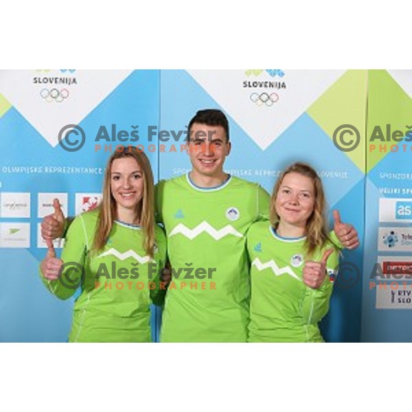 Ziva Otonicar, Anze Cufar, Meta Hrovat of Slovenia team for MOI Lillehammer - Youth Olympic games Norway 2016 at official presentation in Bled, Slovenia on February 4, 2016