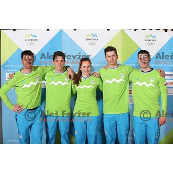 Blaz Debeljak, Taisa Vozelj, Klemen Vampelj of Slovenia team for MOI Lillehammer - Youth Olympic games Norway 2016 at official presentation in Bled, Slovenia on February 4, 2016
