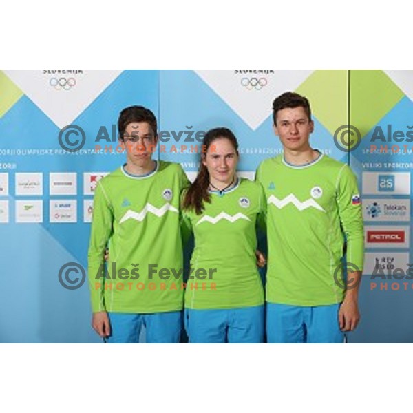 Blaz Debeljak, Taisa Vozelj, Klemen Vampelj of Slovenia team for MOI Lillehammer - Youth Olympic games Norway 2016 at official presentation in Bled, Slovenia on February 4, 2016
