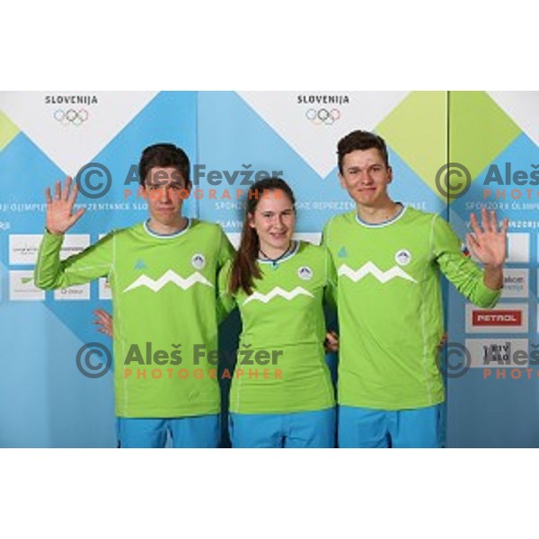 Blaz Debeljak, Taisa Vozelj, Klemen Vampelj of Slovenia team for MOI Lillehammer - Youth Olympic games Norway 2016 at official presentation in Bled, Slovenia on February 4, 2016
