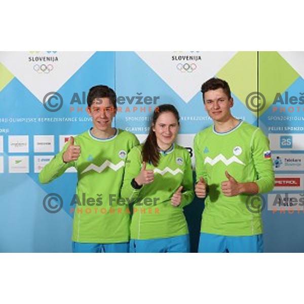 Blaz Debeljak, Taisa Vozelj, Klemen Vampelj of Slovenia team for MOI Lillehammer - Youth Olympic games Norway 2016 at official presentation in Bled, Slovenia on February 4, 2016