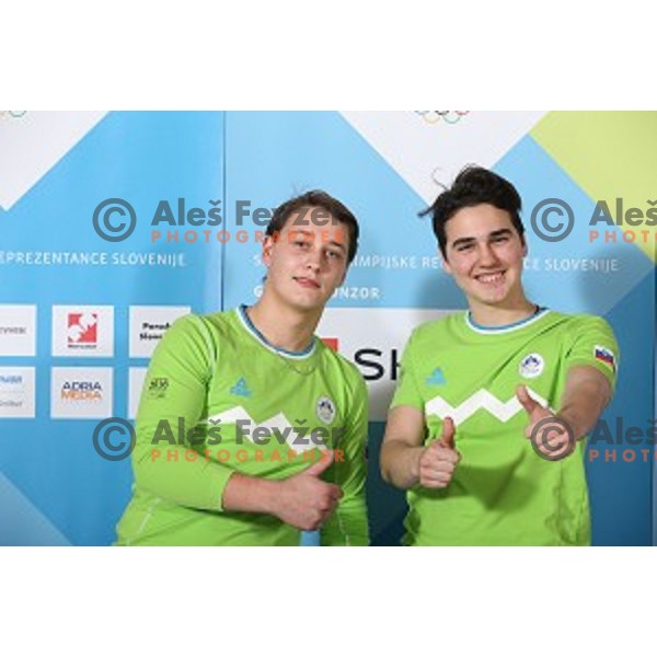 Luka Stros and Maksimilijan Blazon of Slovenia team for MOI Lillehammer - Youth Olympic games Norway 2016 at official presentation in Bled, Slovenia on February 4, 2016
