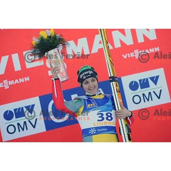 Maja Vtic of Slovenia, winner of FIS Ski jumping Ladies World Cup in Ljubno, Slovenia on February 13, 2016