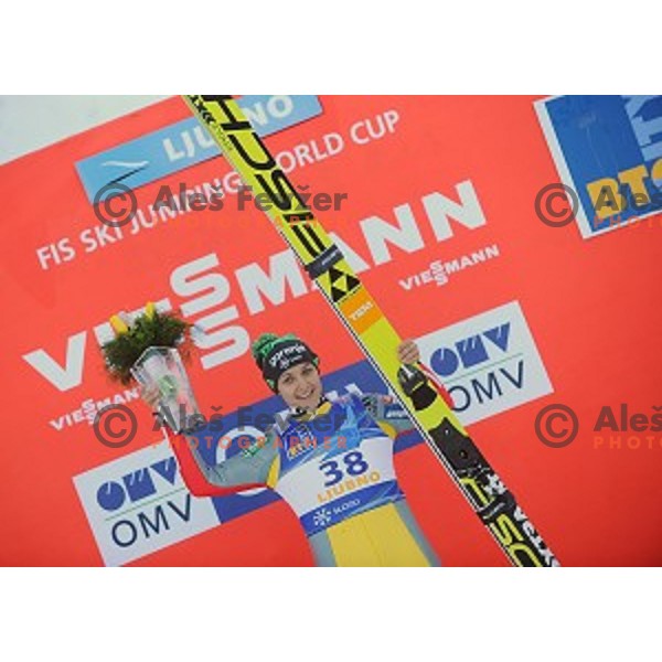 Maja Vtic of Slovenia, winner of FIS Ski jumping Ladies World Cup in Ljubno, Slovenia on February 13, 2016
