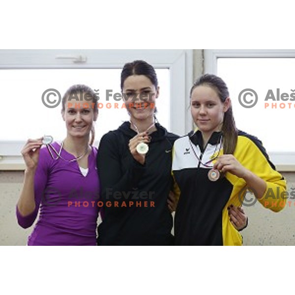 Neja Filipic, Nina Djordjevic, Maja Bedrac at podium of long jump at Slovenian National Athletics Indoor Championships in Celje on February 20, 2016