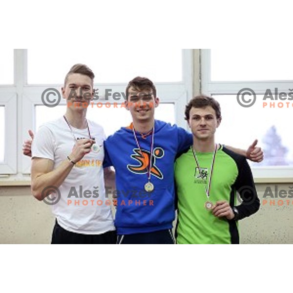 Luka Zidar, Tine Zupanc and Uros Veselic at podium of high jump at Slovenian National Athletics Indoor Championships in Celje on February 20, 2016