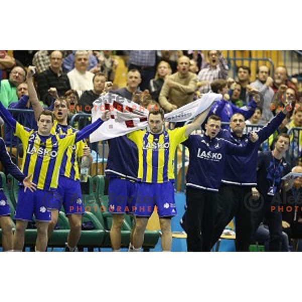 Miha Zarabec and Luka Zvizej of Celje Pivovarna Lasko in action during EHF Champions league match between Celje Pivovarna Lasko and Flensburg in Zlatorog Hall, Celje, Slovenia on February 20, 2016