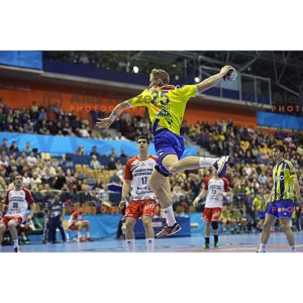 Tilen Kodrin of Celje Pivovarna Lasko in action during EHF Champions league match between Celje Pivovarna Lasko and Flensburg in Zlatorog Hall, Celje, Slovenia on February 20, 2016