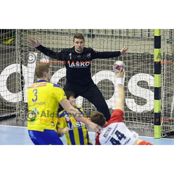 of Celje Pivovarna Lasko in action during EHF Champions league match between Celje Pivovarna Lasko and Flensburg in Zlatorog Hall, Celje, Slovenia on February 20, 2016