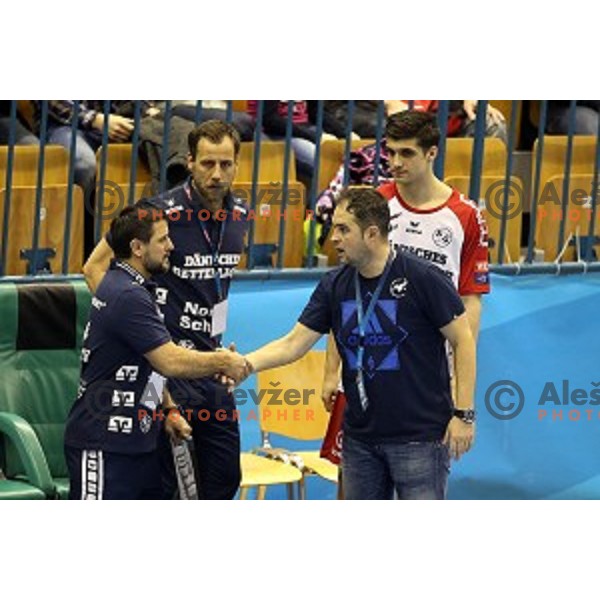 Ljubomir Vranjes, head coach of Flensburg and Branko Tamse, head coach of Celje Pivovarna Lasko after EHF Champions league match between Celje Pivovarna Lasko and Flensburg in Zlatorog Hall, Celje, Slovenia on February 20, 2016