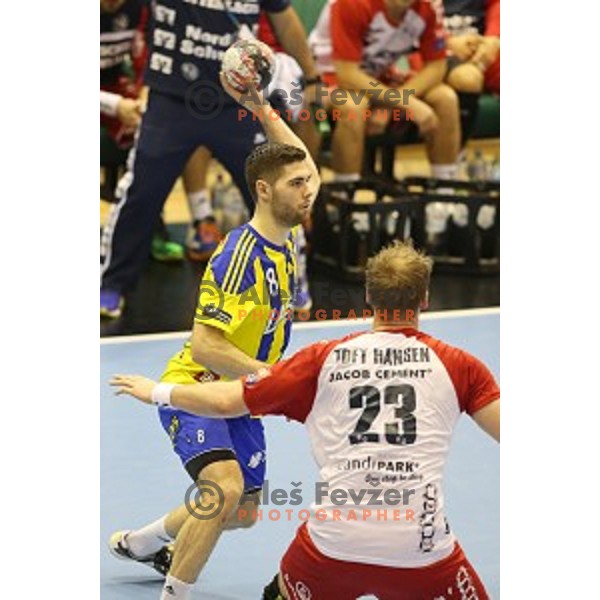 Blaz Janc of Celje Pivovarna Lasko in action during EHF Champions league match between Celje Pivovarna Lasko and Flensburg in Zlatorog Hall, Celje, Slovenia on February 20, 2016