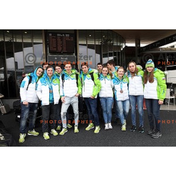 Tit Stante and Meta Horvat of Slovenia team for MOI Lillehammer - Youth Olympic games Norway 2016 at arrival back to Ljubljana Airport on February 22, 2016