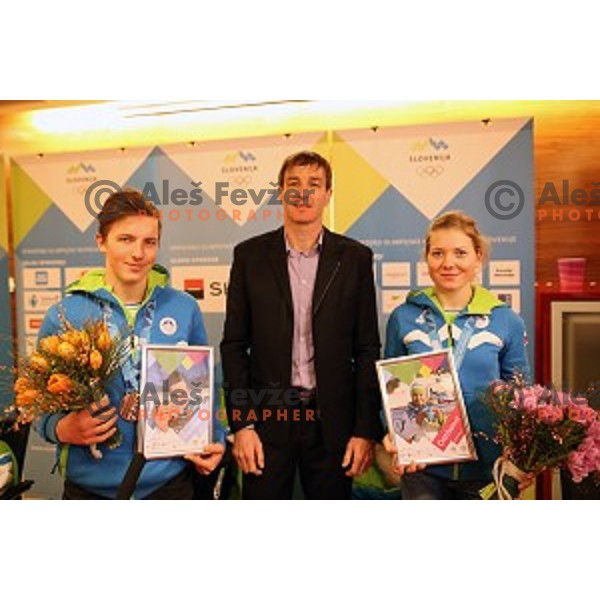 Tit Stante, Iztok Cop and Meta Horvat of Slovenia team for MOI Lillehammer - Youth Olympic games Norway 2016 at arrival back to Ljubljana Airport on February 22, 2016