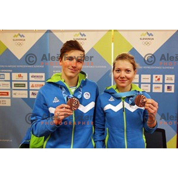 Tit Stante and Meta Horvat of Slovenia team for MOI Lillehammer - Youth Olympic games Norway 2016 at arrival back to Ljubljana Airport on February 22, 2016