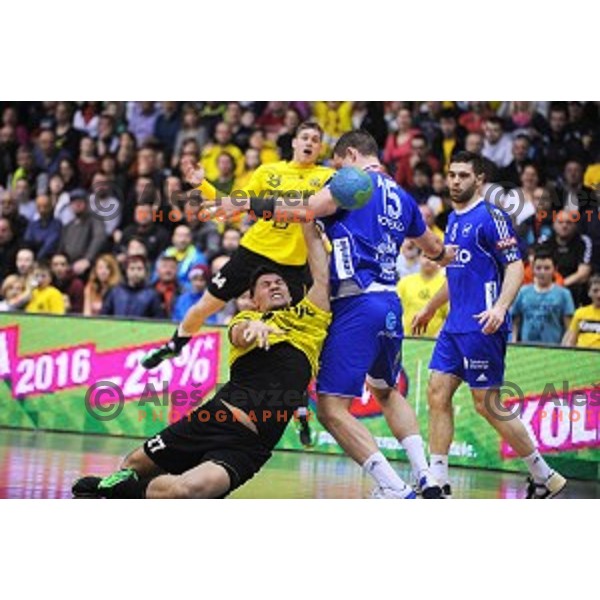 Blaz Klec in action during 1.NLB leasing liga handball match Gorenje Velenje- Celje Pivovarna Lasko in Red Hall, Velenje, Slovenia on February 24, 2016