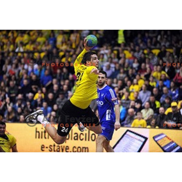 Mario Sostaric in action during 1.NLB leasing liga handball match Gorenje Velenje- Celje Pivovarna Lasko in Red Hall, Velenje, Slovenia on February 24, 2016