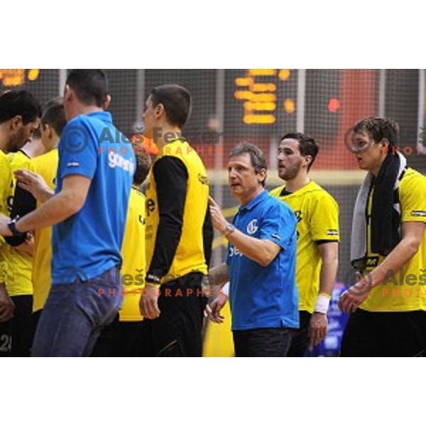 Marko Sibila, head coach of Gorenje in action during 1.NLB leasing liga handball match Gorenje Velenje- Celje Pivovarna Lasko in Red Hall, Velenje, Slovenia on February 24, 2016