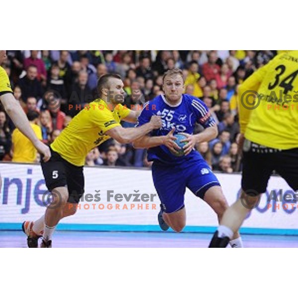 Niko Medved and Ziga Mlakar in action during 1.NLB leasing liga handball match Gorenje Velenje- Celje Pivovarna Lasko in Red Hall, Velenje, Slovenia on February 24, 2016