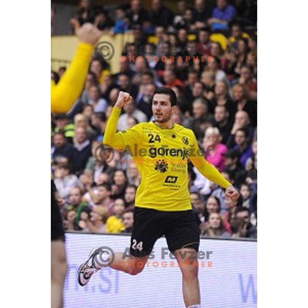 Mario Sostaric in action during 1.NLB leasing liga handball match Gorenje Velenje- Celje Pivovarna Lasko in Red Hall, Velenje, Slovenia on February 24, 2016