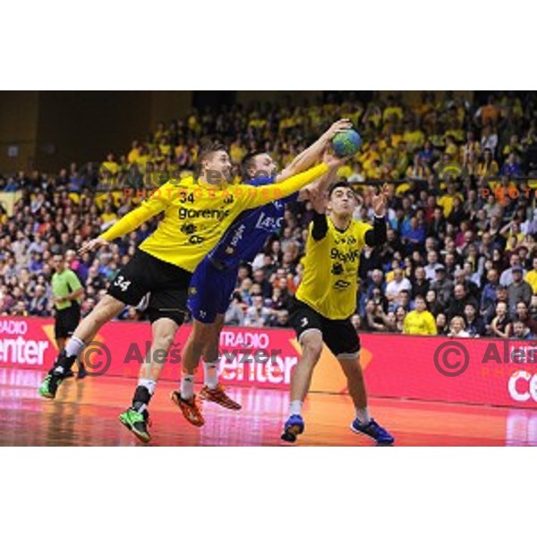 Anze Ratajec, Nejc Cehte in action during 1.NLB leasing liga handball match Gorenje Velenje- Celje Pivovarna Lasko in Red Hall, Velenje, Slovenia on February 24, 2016