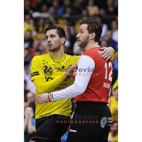 Mario Sostaric and Benjamin Buric in action during 1.NLB leasing liga handball match Gorenje Velenje- Celje Pivovarna Lasko in Red Hall, Velenje, Slovenia on February 24, 2016