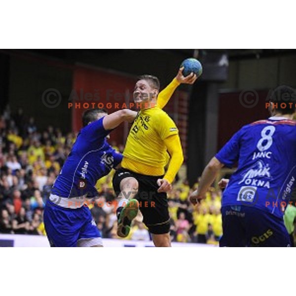 Anze Ratajec in action during 1.NLB leasing liga handball match Gorenje Velenje- Celje Pivovarna Lasko in Red Hall, Velenje, Slovenia on February 24, 2016