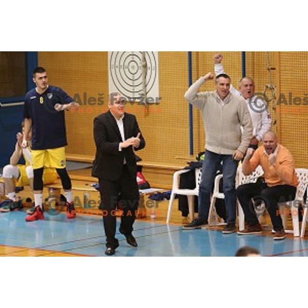 Igor Keselj, Roman Horvat and Ernest Novak of Sencur GGD in action during Telemach league basketball match between Sencur GGD and LTH Castings in Sencur Sports Hall, Slovenia on February 27, 2016