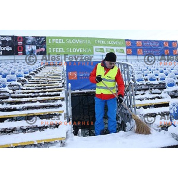Course preparation before racers inspection at AUDI FIS Ski World Cup Giant Slalom in Kranjska gora, Slovenia on March 4, 2016