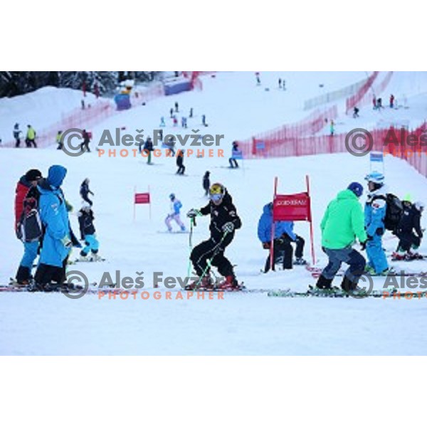 Course preparation before racers inspection at AUDI FIS Ski World Cup Giant Slalom in Kranjska gora, Slovenia on March 4, 2016