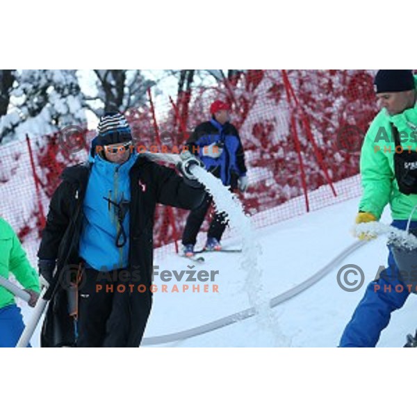 Course preparation before racers inspection at AUDI FIS Ski World Cup Giant Slalom in Kranjska gora, Slovenia on March 4, 2016