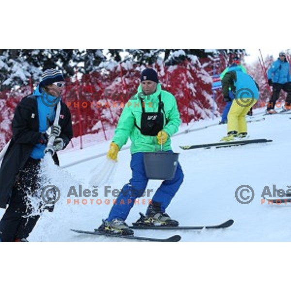 Course preparation before racers inspection at AUDI FIS Ski World Cup Giant Slalom in Kranjska gora, Slovenia on March 4, 2016